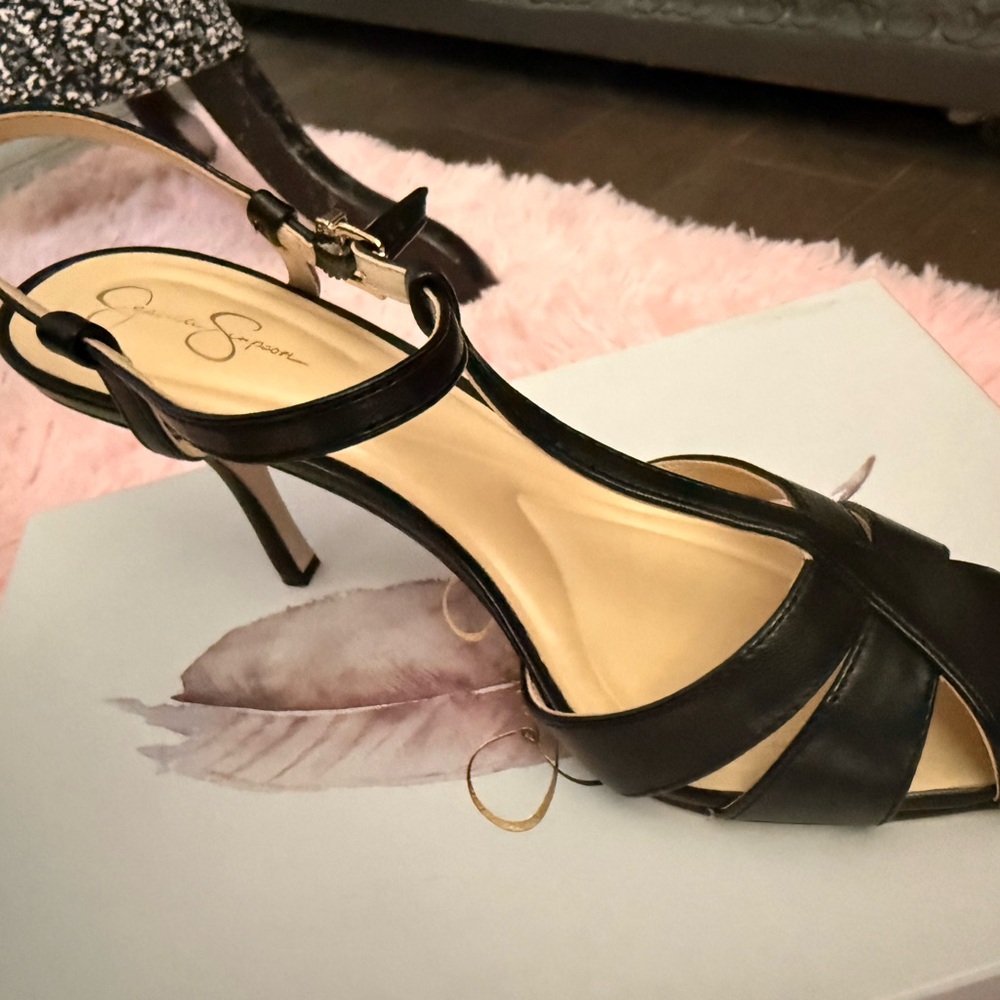 Jessica Simpson Black Strappy T‑Bar High Heel Sandals